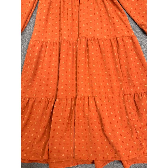 Shein Womens Sz M Rust Orange Long Sleeve Maxi Dress Swiss Dot Belted Tiered - Picture 4 of 11